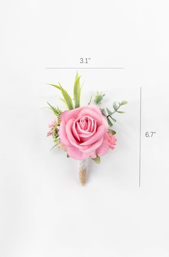 Ansofi Pink Corsage and Boutonniere Set Artificial Rose Flower Wrist Corsage and Boutineers for Groom Groomsmen Bride Bridesmaids Prom Rustic Vintage Wedding Decor