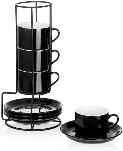 4oz Porcelain Stackable Espresso Cups with Saucers and Metal Stand Set of 4, Stackable Espresso Cups Set of 4, Black Expresso Shots Cup Set for Coffee Drinks, Cappuccino Latte, Americano, Tea