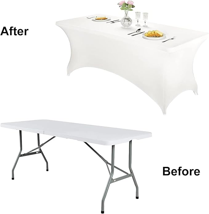 FORLIFE 6Pack Spandex Table Covers 8ft，Fitted Tablecloth for 8ft Rectangular Tables, Stretch Patio Table Covers, Universal Spandex Table Cover for Wedding, Banquet, Party - White