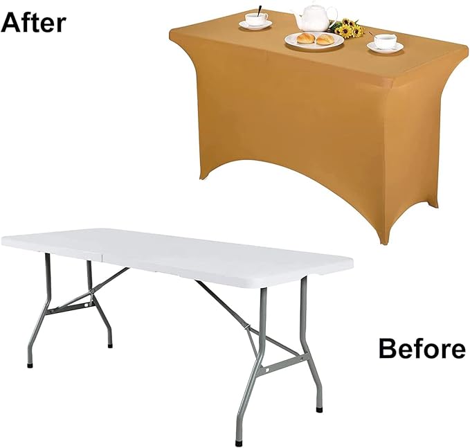 FORLIFE 4Pack Spandex Table Covers，Fitted Tablecloth for Rectangular Tables, Stretch Patio Table Covers, Universal Spandex Table Cover for Wedding, Banquet, Party (4ft, Gold)