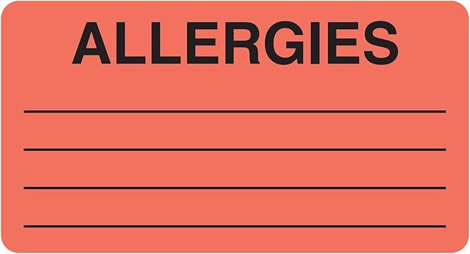 Allergies Chart Label 3-1/4” x 1-3/4” Red Fluorescent Doctor Stuff Medical Alert Sticker with 4 Lines for Multi-Allergen Notes Permanent Adhesive 500 Stickers/Box