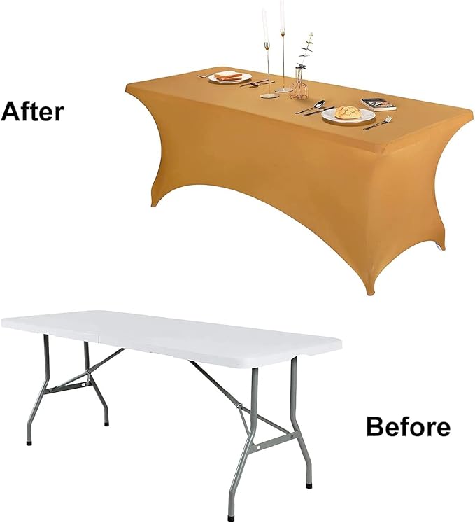 FORLIFE 8FT Rectangular Spandex Tablecloth, Gold, Universal Fitted Table Cover for Wedding, Banquet, Party, Wrinkle Resistant, All-Season, Reusable, Washable
