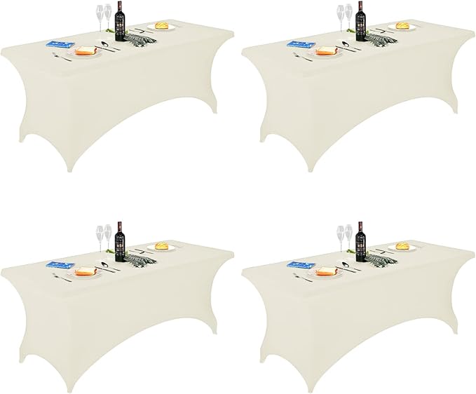 FORLIFE 4Pack Spandex Table Covers，Fitted Tablecloth for Rectangular Tables, Stretch Patio Table Covers, Universal Spandex Table Cover for Wedding, Banquet, Party (6ft, Ivory)