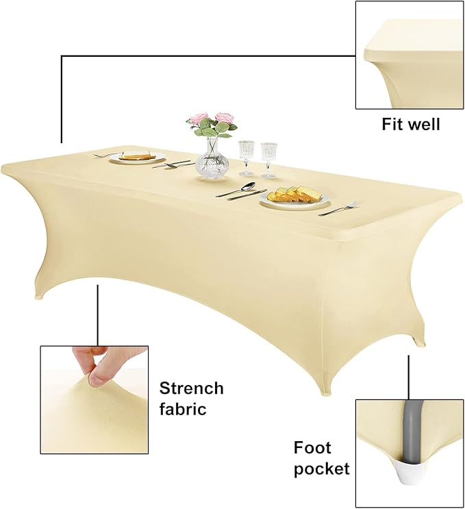FORLIFE Spandex Table Cover - Fitted 8ft Rectangular Tablecloth, Stretch Patio Table Cover for Wedding, Banquet, Party (Champagne)