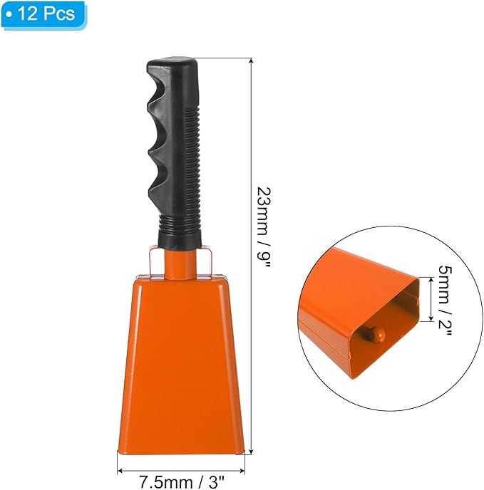 PATIKIL 9inch Cow Bells for Football Games, 12pcs Cowbells for Sporting Events Bulk Loud Noise Makers Metal Cow Bell with Handle for Cheering Competition Marathon Wedding DIY Paint, Orange