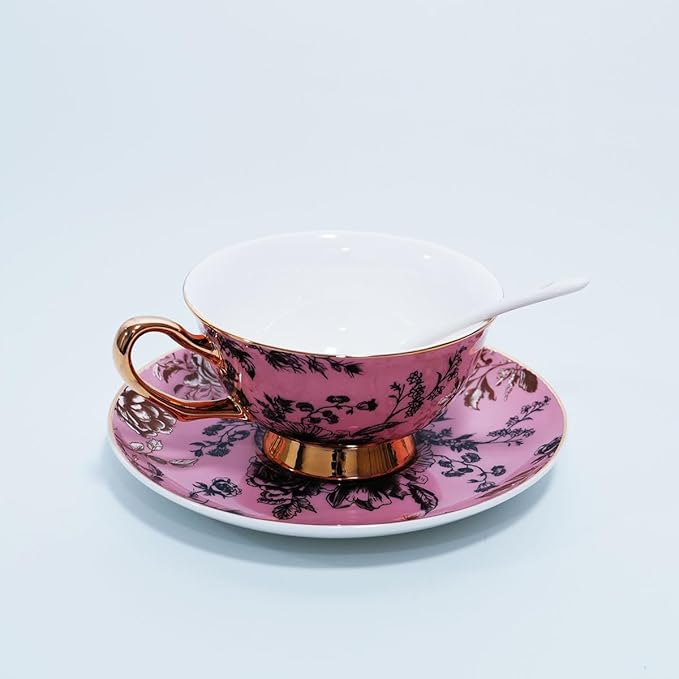 Bone China Tea Cup and Saucer Set with Spoon，Elegant Floral Tea Cup Set (7 oz)，British Coffee Latte Mug for Mother's Day Gifts