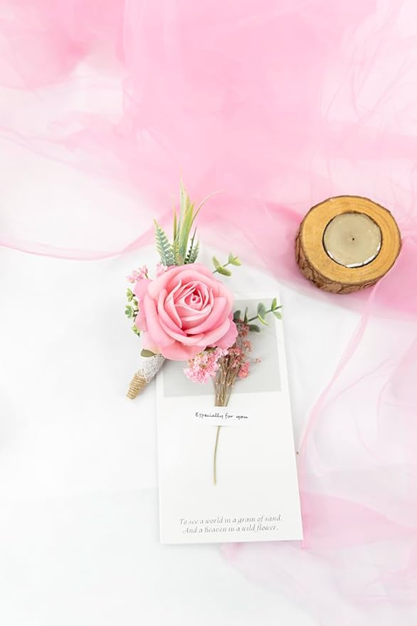 Ansofi Pink Corsage and Boutonniere Set Artificial Rose Flower Wrist Corsage and Boutineers for Groom Groomsmen Bride Bridesmaids Prom Rustic Vintage Wedding Decor