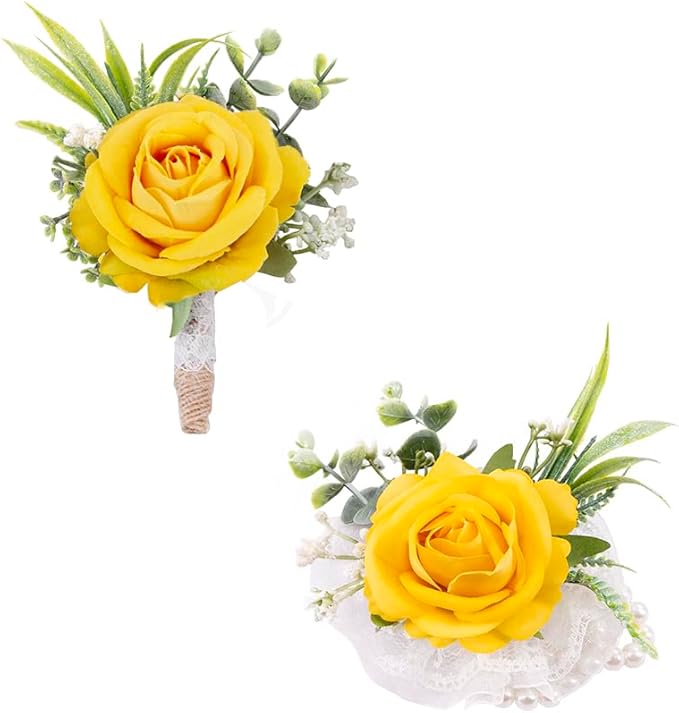 Ansofi Yellow Corsage and Boutonniere Set Artificial Rose Flower Wrist Corsage and Boutineers for Groom Groomsmen Bride Bridesmaids Prom Rustic Vintage Wedding Decor