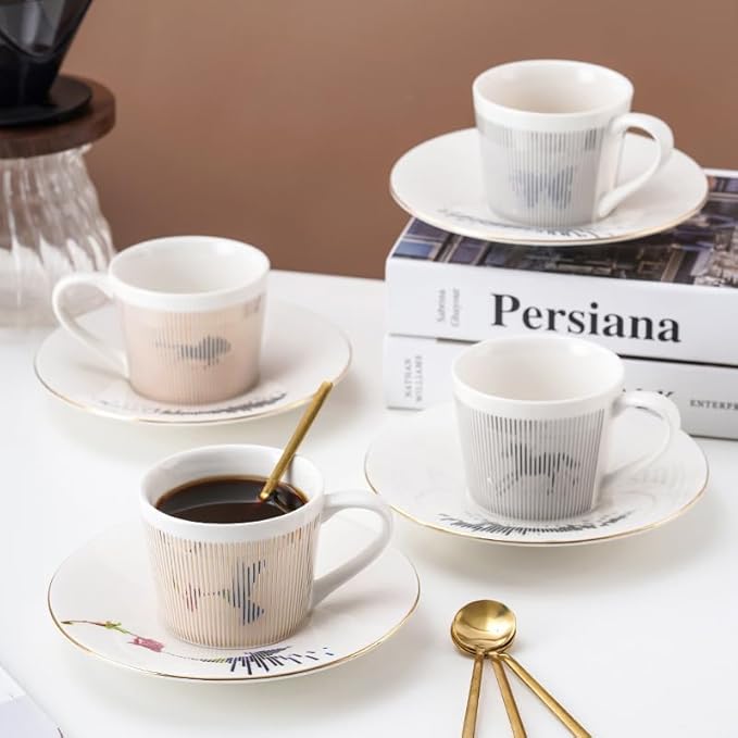 Mirror Cups and Saucers, Mirror Reflection coffee mug, Ceramic Coffee Mug with Saucer Set, Tea Cups and Saucers Sets for Women Wedding Party Afternoon Tea （Silver Bird）