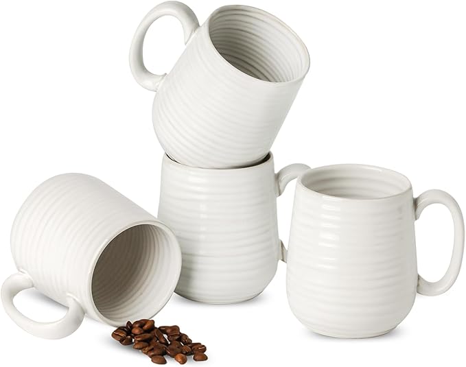 JINGUS Coffee Mugs,15oz Ceramic Coffee Cups for Hot Tea, Cappuccino, Latte, Cocoa, Milk, Mug Set for Women and Men as Holiday Gifts, Dishwasher and Microwave Safe, Set for 4, Arctic White