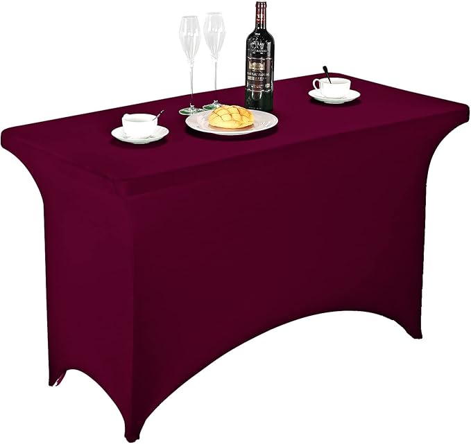 FORLIFE Burgundy Spandex Table Cover - Fitted 4ft Rectangular Tablecloth for Weddings, Banquets, Parties - Stretch Patio Cover