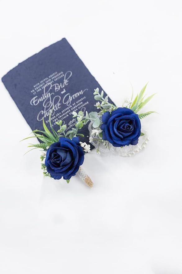Ansofi Navy Blue Corsage and Boutonniere Set Artificial Rose Flower Wrist Corsage and Boutineers for Groom Groomsmen Bride Bridesmaids Prom Rustic Vintage Wedding Decor