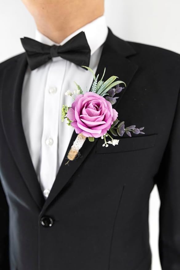 Ansofi Purple Corsage and Boutonniere Set Artificial Rose Flower Wrist Corsage and Boutineers for Groom Groomsmen Bride Bridesmaids Prom Rustic Vintage Wedding Decor