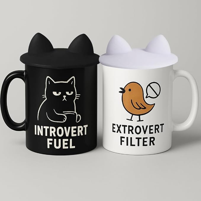 Couple Gifts “Introvert Fuel” & “Extrovert Filter” Ceramic Coffee Mugs with Cat Ear Lids for Wedding Gifts Anniversary Engagement Gift for Couples 11 Oz