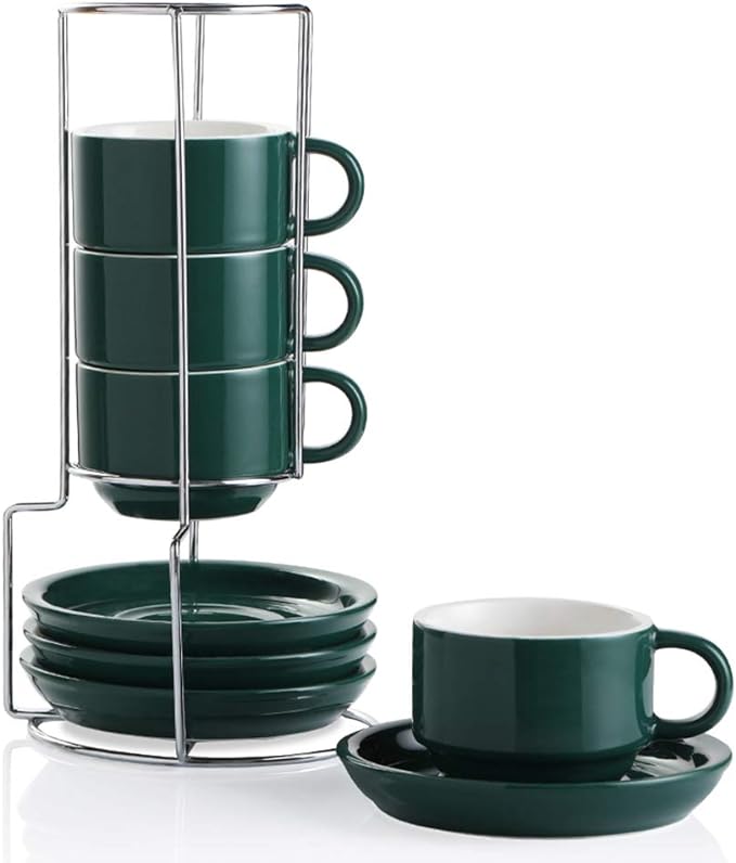 Sweejar Porcelain Espresso Cups with Saucers, 4 Ounce Stackable Cappuccino Cups with Metal Stand for Coffee Drinks, Latte, Tea - Set of 4 (Jade)