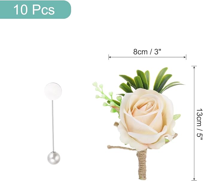 MECCANIXITY 10PCS Men Boutonnieres Corsages, Champagne Color Rose Groomsmen Corsage Wristlet with Pins for Wedding Ceremony Anniversary, Dinner Party
