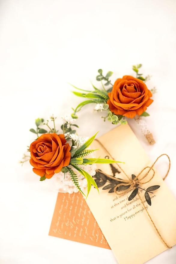 Ansofi Burnt Orange Corsage and Boutonniere Set Artificial Rose Flower Wrist Corsage and Boutineers for Groom Groomsmen Bride Bridesmaids Prom Rustic Vintage Wedding Decor