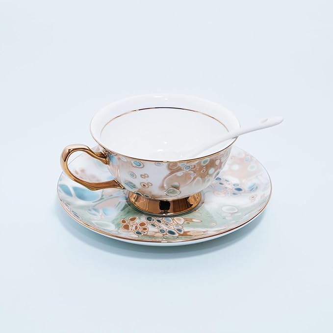 Bone China Tea Cup and Saucer Set with Spoon，Elegant Floral Tea Cup Set (7 oz)，British Coffee Latte Mug for Mother's Day Gifts