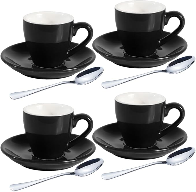 homEdge Porcelain Espresso Shot Cup Set with Saucers and Stainless Steel Spoons - 80 ml / 2.67 oz, Set of 4, Black