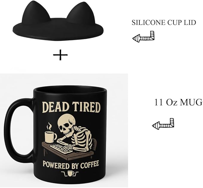 Halloween Day Gifts Mug with Cat Ears Lid, 11 Oz Black Ceramic Coffee Cup with Skeleton Design, 'Happy Hallowine' Print,Gift for Friends,Coworkers,Family