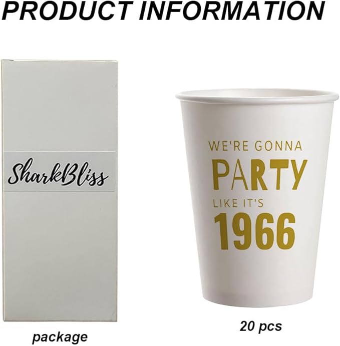 SharkBliss 1966 60th Birthday Party Cups 9oz Gold 20 Pack Disposable Cups – Party Like It's 1966