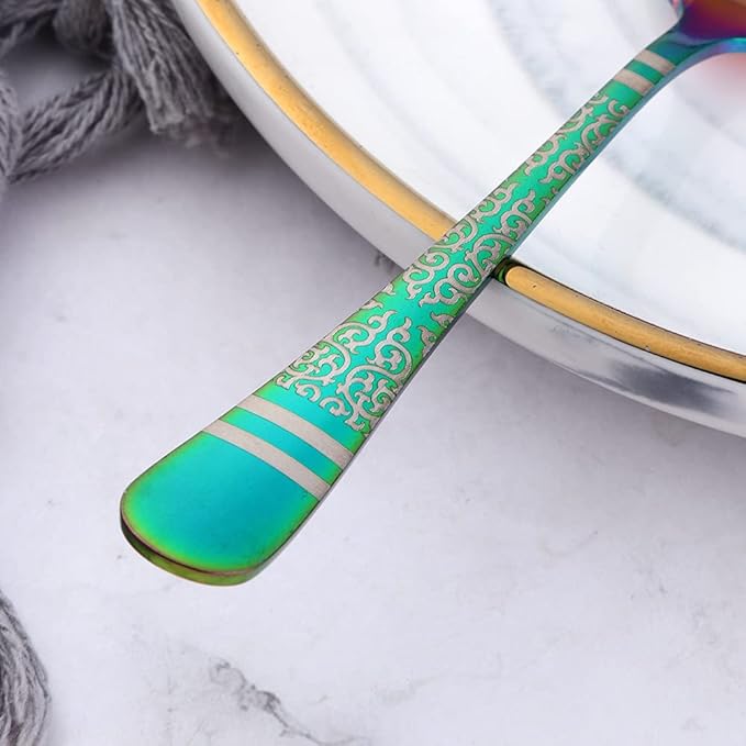 Rainbow Unique Pattern Design Coffee Espresso Spoons Mini, Mingcheng Stainless Steel Small Teaspoons Silverware Set of 6, BISDARUN 5.5 Inches Food Spoons for Demitasse Dessert Tea
