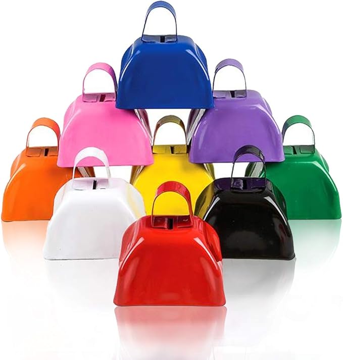 ArtCreativity 3 Inch Metal Cow Bell Noise Maker - Pack of 12 - Small Loud Metal Cowbell Noisemaker with Handle - Great for Football Games, Sporting Events, Weddings, New Year’s - Kids and Adults Prize