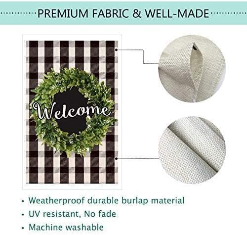 Baccessor Boxwood Wreath Welcome Garden Flag Double Sided, Buffalo Plaid Check Winter Spring Yard Flag Burlap, Small Farmhouse Rustic Flags for Outdoor Outside Decor 12.5 X 18 Inch