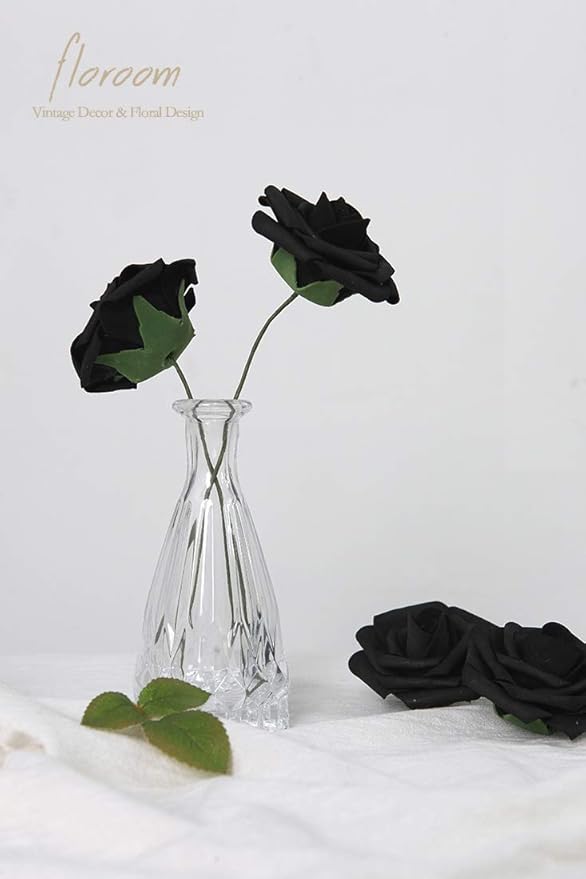 Floroom Artificial Flowers 25pcs Real Looking Black Foam Fake Roses with Stems for DIY Wedding Bouquets Centerpieces Arrangements Party Tables Home Halloween Decorations