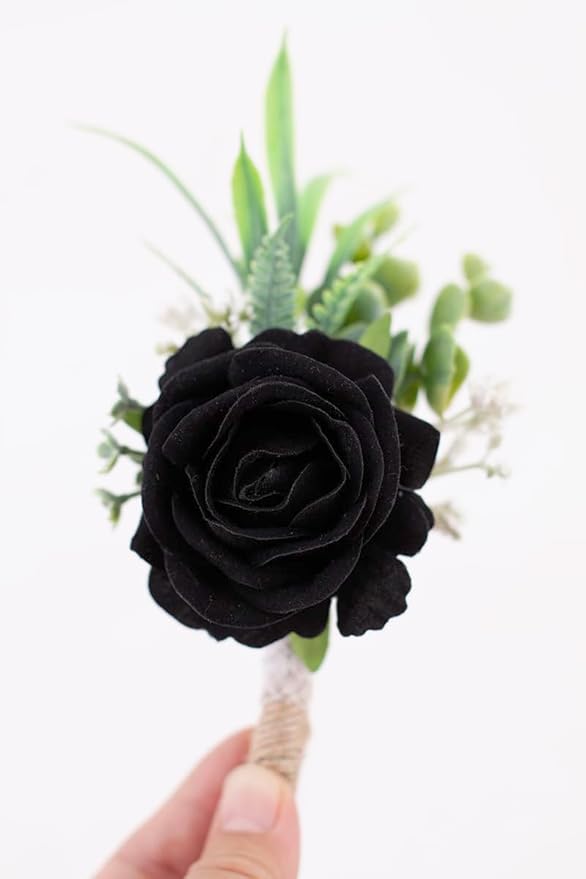 Ansofi Black Corsage and Boutonniere Set Artificial Rose Flower Wrist Corsage and Boutineers for Groom Groomsmen Bride Bridesmaids Prom Rustic Vintage Wedding Decor