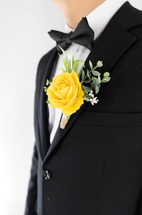 Ansofi Yellow Corsage and Boutonniere Set Artificial Rose Flower Wrist Corsage and Boutineers for Groom Groomsmen Bride Bridesmaids Prom Rustic Vintage Wedding Decor