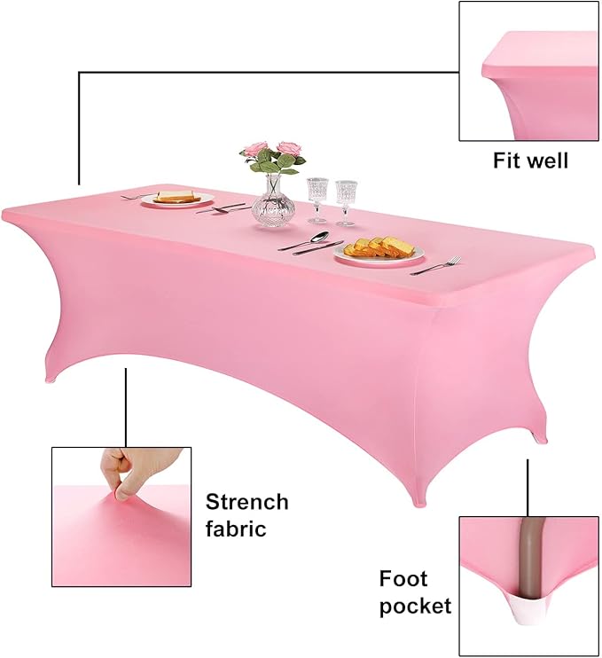 FORLIFE Spandex Table Covers - Fitted 8ft Rectangular Tablecloth, Stretch Patio Table Cover for Wedding, Banquet, Party (Pink)