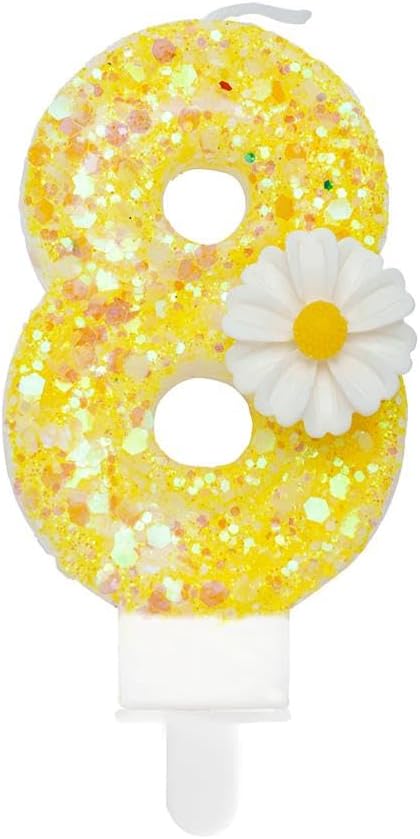 Birthday Candle 8, Yellow Flower Number 8 Candle for Cake Theme Party Supplies