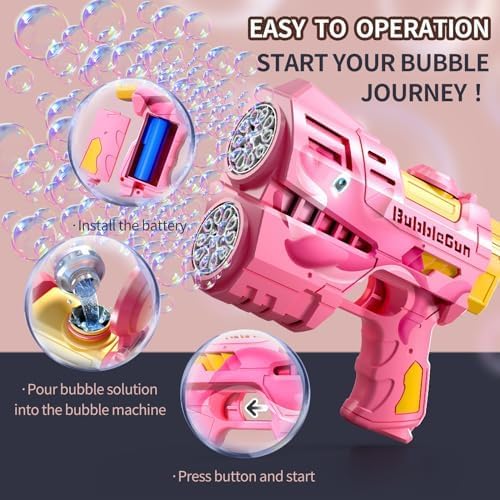 Jasny Rechargeable Pink Dolphin Bubble Guns for Kids, LED Light Up Bubble Machine Blower with 2 Bottles Bubble Refill Solution for Kids, Bubble Makers Blaster for Toddlers, Summer Wedding Toys Gift
