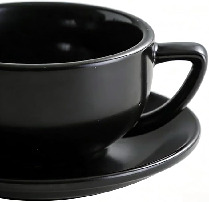 Ceramic Latte Mug, 10.82oz Barista Cup with Saucer, 7mm Thickened Rim Ceramic Cappuccino Cup, Vintage Latte Art Mug for Home & Café (Quiet Black)