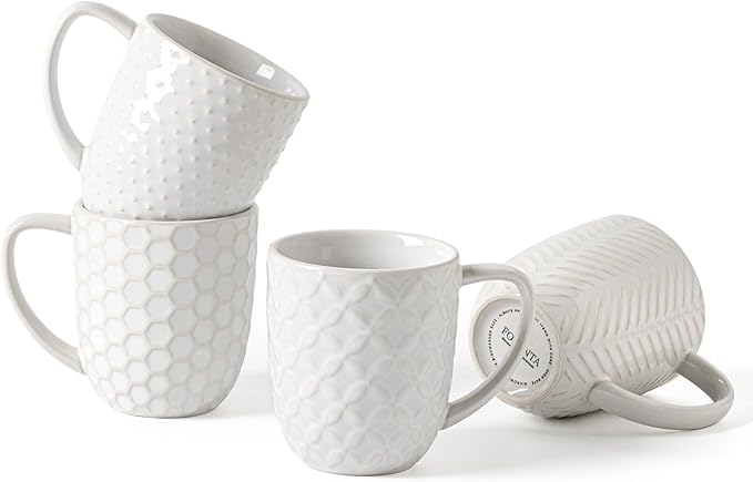 Ceramic Coffee Mugs Set of 4, 12oz Embossed Cups with Elegant Patterns – A Thoughtful Gift for Women, Mom, or Friends,Perfect for Tea, Latte, Cocoa (Arctic White, 12 OZ)