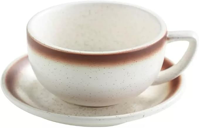 Ceramic Latte Mug, 10.82oz Barista Cup with Saucer, 7mm Thickened Rim Ceramic Cappuccino Cup, Vintage Latte Art Mug for Home & Café (Mocha)