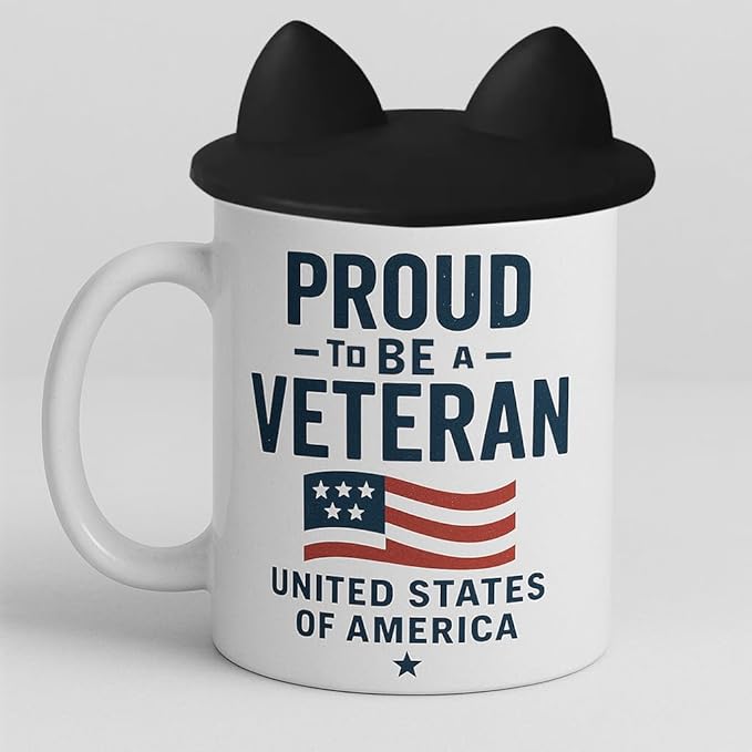 Proud To Be A Veteran Coffee Mug, 11 Oz, USA Flag Design with Cat Ear Lid, White