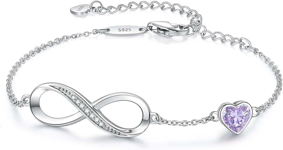 CDE Infinity Heart Birthstone Charm Link Bracelet for Women 925 Sterling Silver Adjustable Mother's Day Christmas Day Gift Anniversary Birthday Jewelry for Wife Girlfriend Her