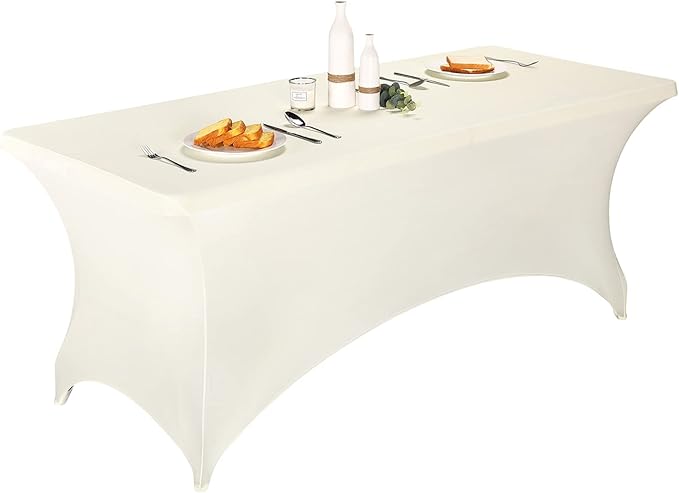 FORLIFE 2Pack Spandex Table Covers，Fitted Tablecloth for Rectangular Tables, Stretch Patio Table Covers, Universal Spandex Table Cover for Wedding, Banquet, Party (6ft, Ivory)