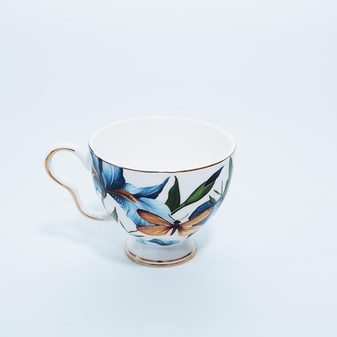 Bone China Tea Cup and Saucer Set with Spoon，Elegant Floral Tea Cup Set (7 oz)，British Coffee Latte Mug for Mother's Day Gifts