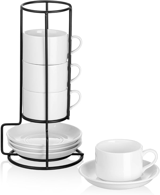 2.5oz Espresso Cups Set of 4, Porcelain Stackable Espresso Cups with Saucers and Metal Stand Set, White Expresso Shots Cup Set for Cappuccino, Coffee Drinks, Latte, Tea