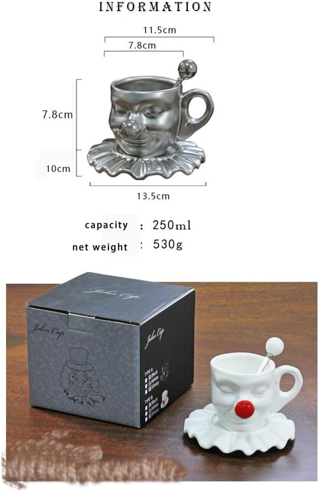 Tea Cups and Saucers, Ceramic Coffee Cup Set 8.5oz, Porcelain Tea Set Face artistic clown cup Design for Lover Gift & Home Decor-Black