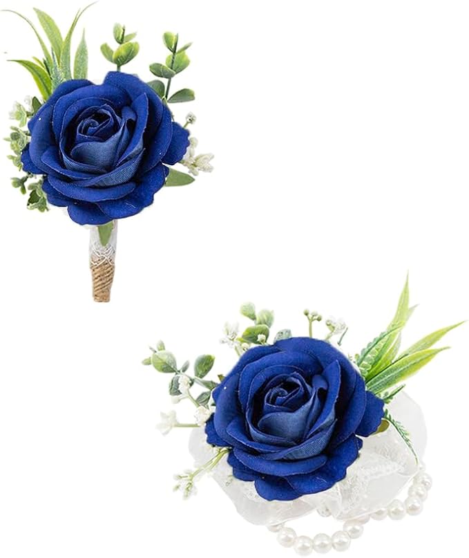 Ansofi Navy Blue Corsage and Boutonniere Set Artificial Rose Flower Wrist Corsage and Boutineers for Groom Groomsmen Bride Bridesmaids Prom Rustic Vintage Wedding Decor