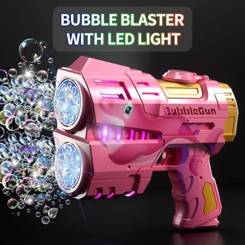 Jasny Rechargeable Pink Dolphin Bubble Guns for Kids, LED Light Up Bubble Machine Blower with 2 Bottles Bubble Refill Solution for Kids, Bubble Makers Blaster for Toddlers, Summer Wedding Toys Gift