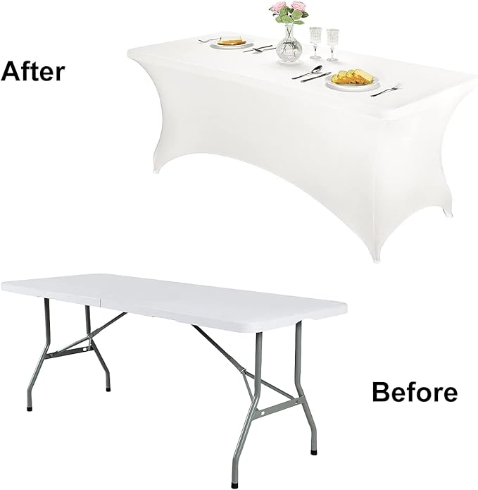 FORLIFE Spandex Table Cover - Fitted 8ft Rectangular Tablecloth, Stretch Patio Cover, Universal for Wedding, Banquet, Party (White)