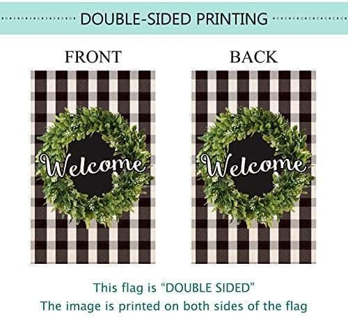 Baccessor Boxwood Wreath Welcome Garden Flag Double Sided, Buffalo Plaid Check Winter Spring Yard Flag Burlap, Small Farmhouse Rustic Flags for Outdoor Outside Decor 12.5 X 18 Inch
