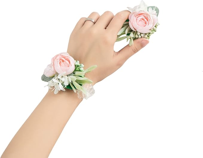Meldel Pink Rose Wrist Corsages for Wedding - Set of 6, Bride, Bridesmaid, Girls & Prom Flowers - Hand Flowers for Party & Wedding Homecoming