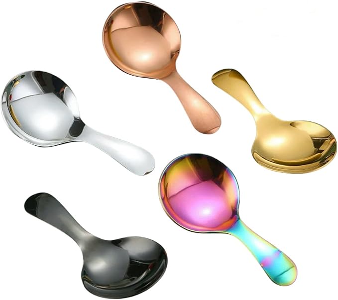 6 Pcs Stainless Steel Mini Spoon Short Handle Small Round Suitable For Dessert, Tea, Coffee, Cake, Sugar, Ice Cream Coffee Tea Spoon. (Black A)