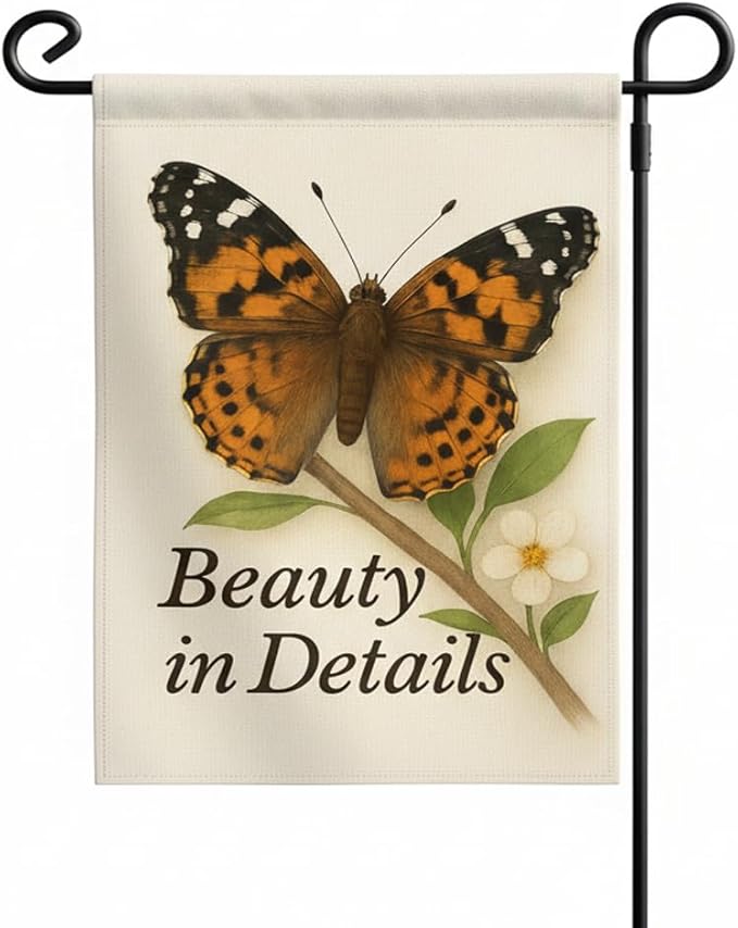 FLAGMEUP8386 Welcome Butterfly Garden Flag 12x18 Inch Double-Sided Polyester Fall Flag with Painted Lady Butterfly on Branch and Blossoms, “Beauty in Details Quote Garden Decoration